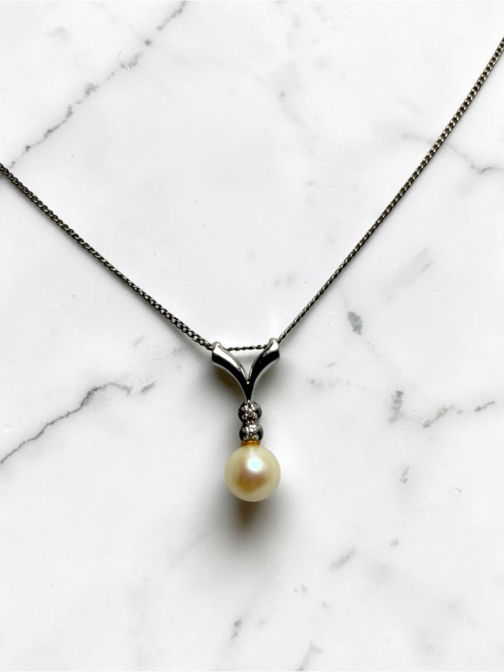 Solid 14K White Gold Cultured Pearl Drop Pendant Necklace Natural Diamond 15in